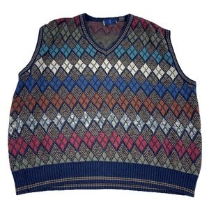 Vintage Sweater Vest Men Large Blue Red Grandpa V Neck Diamond Golf Adult 90s